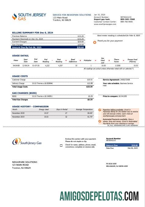 Para baixar modelo de fatura de serviços públicos de gás dos EUA, Nova Jersey, em formatos Word e PDF